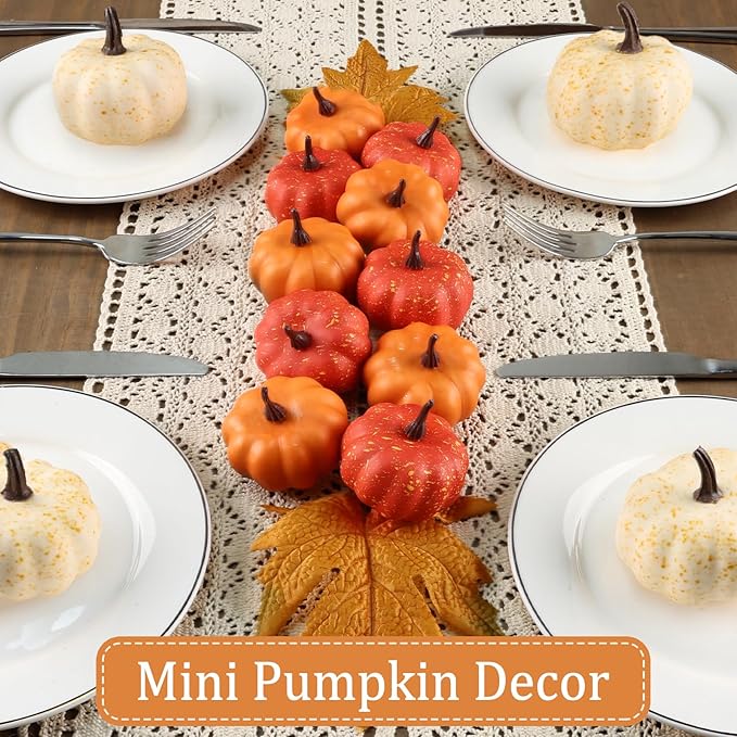 16PCS Artificial Mini Fake Pumpkins Set with Fall Leaves,Foam Plastic Carvable DIY Small White Craft Pumpkins Decor for Thanksgiving Halloween Home Fall Porch Table Decor