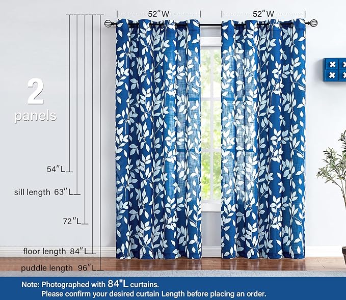 Navy and White Curtains for Bedroom 54" Length Leaf Print Curtains for Windows Semi-Sheers, Royal Blue Grommet Top, 2 Pack