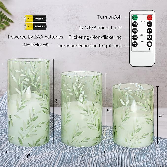 Green Flameless Candles with Remote Willow Leaf Design Battery Operated Candles - Elegant Home Christmas Summer Decor Set of 3