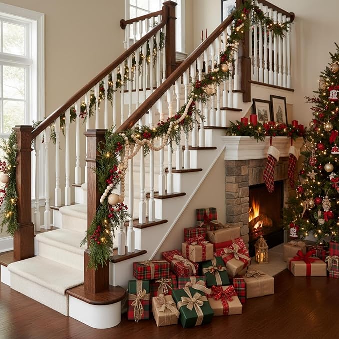 12 Feet Christmas Wooden Beads Garland Round Craft Farmhouse Vintage Wood Bead Garlands for Xmas Decoration Supplies(Natural Color)