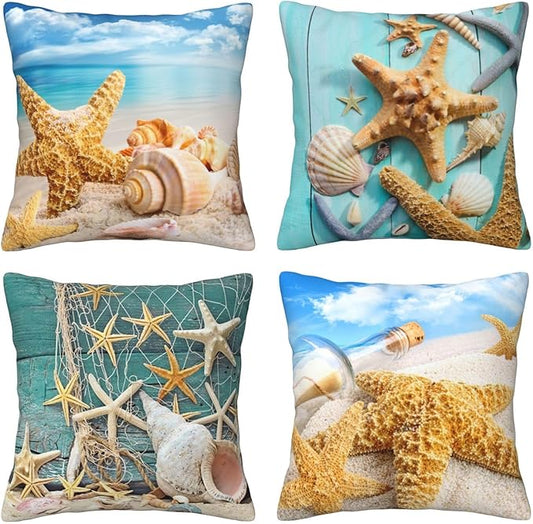 Ocean Beach Throw Pillow Covers 18 x 18 Inch Seashell Starfish Conch Ocean Themed Decorative Pillows Soft Cushion Cases for Couch Sofa Bed Home Decor Set of 4