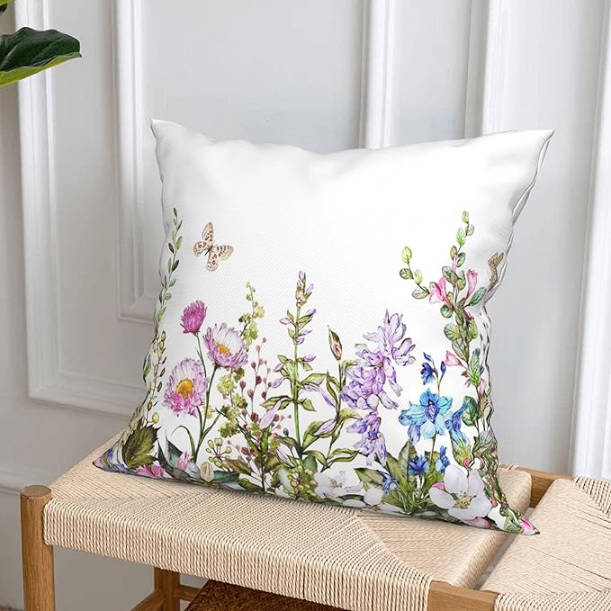 Wildflowers Throw Pillow Covers 18x18 Set of 4 Farmhouse Decorative Pillow Covers Floral Outdoor Patio Pillow Cases Cushions Cover for Living Room Couch Sofa Bed Home Decor