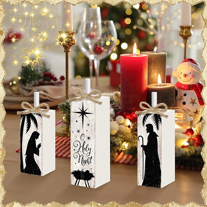 Britimes Christmas Decorations for Home, 3pcs Wooden Table Decor, Nativity Scene Holy Night Farmhouse Tabletop Block Sign for Christmas Indoor Kitchen
