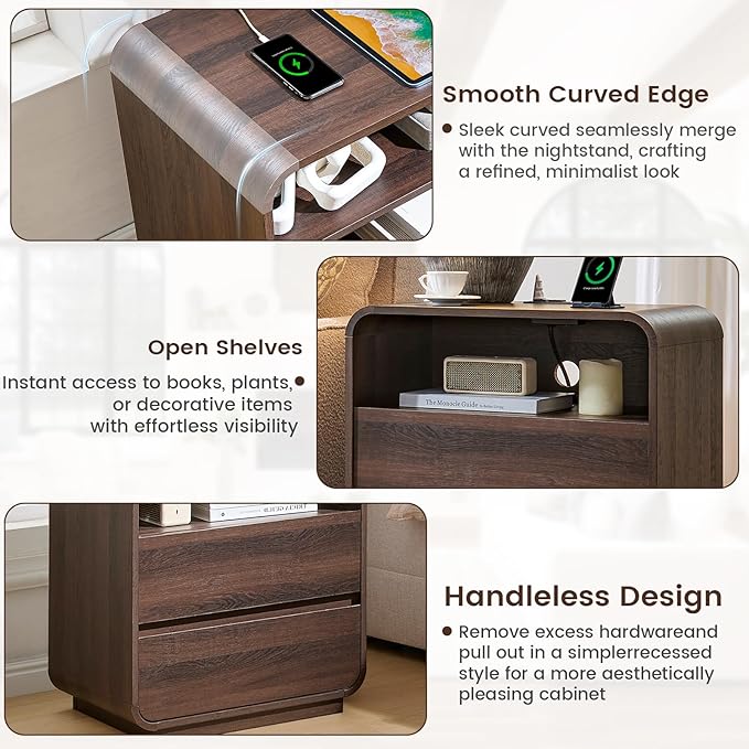Modern Walnut Nightstand, 25" Tall Wooden Bedside Table with Charging Station, 2 Storage Drawers Side Table Curved Profile, Handleless, Large End Table Night Stand for Bedroom, Office