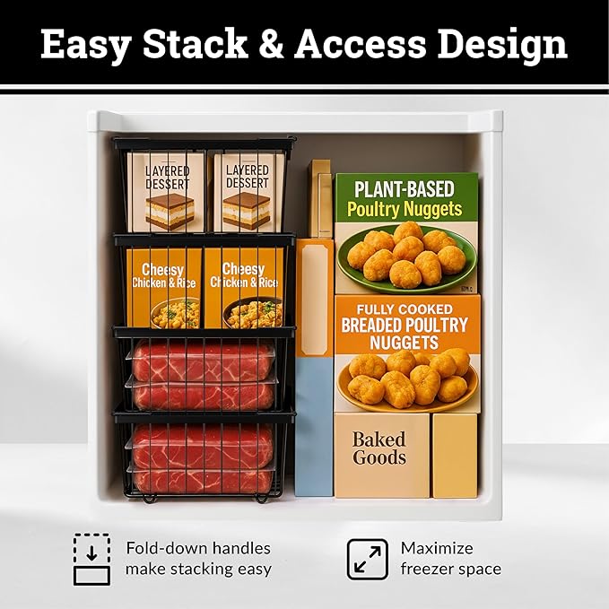 Deep Chest Freezer Organizer Bins – 4-Pack Stackable Chest Freezer Baskets with Dividers, Metal Wire Storage for Frozen Meat, Food – Fits 5–7 Cu Ft Deep Freezer, Kitchen Organization Set, Black, White