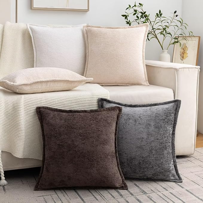 Brown Decorative Throw Pillow Covers 22x22 Inch Set of 2 Cozy Soild Chenille Cushion Cases Soft Textured Square Couch Pillows Cover Boho Accent Farmhouse Pillowcases for Sofa Bed