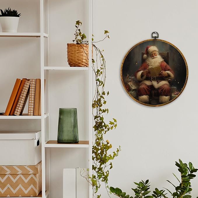 XPH Vintage Christmas Santa Round Wall Art Framed, Rustic Christmas Santa Reading Book Circle Wall Decor, Retro Winter Xmas Hanging Canvas Prints for Home Bedroom Living Room Decoration, 10x10 Inch