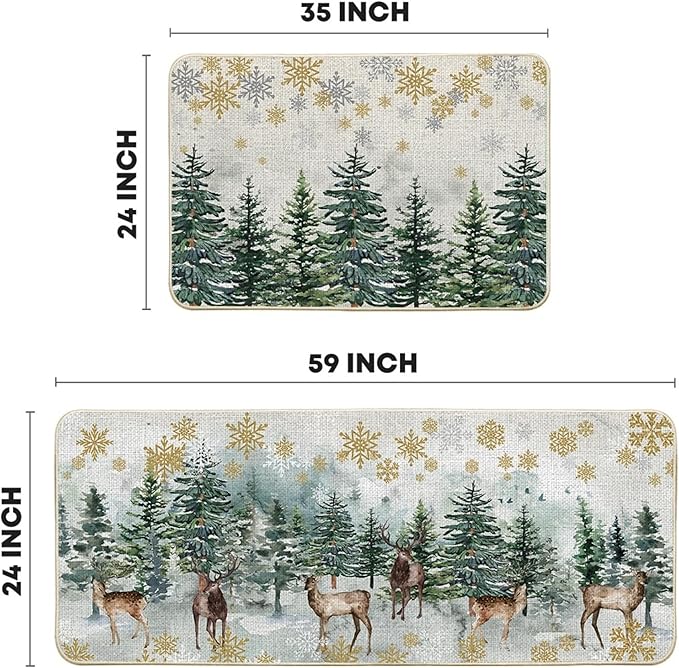 Artoid Mode Xmas Trees Deer Snowflakes Christmas Kitchen Mats Set of 2, Winter Home Decor Low-Profile Kitchen Rugs for Floor - 24x35 and 24x59 Inch