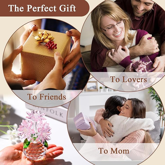 Enjinkail Handmade Crystal Daisy Figurine - Pink Glass Flowers Gifts for Women, Elegant Home Decor & Table Centerpiece