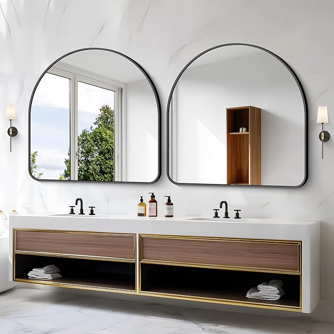 Arched Bathroom Mirror, 40"x40" Black Arched Mirror for Bathroom, Wall Mounted Mirror, Black Vanity Wall Mirror w/Metal Frame for Bedroom, Entryway, Living Room, Hanging or Leaning Against Wall