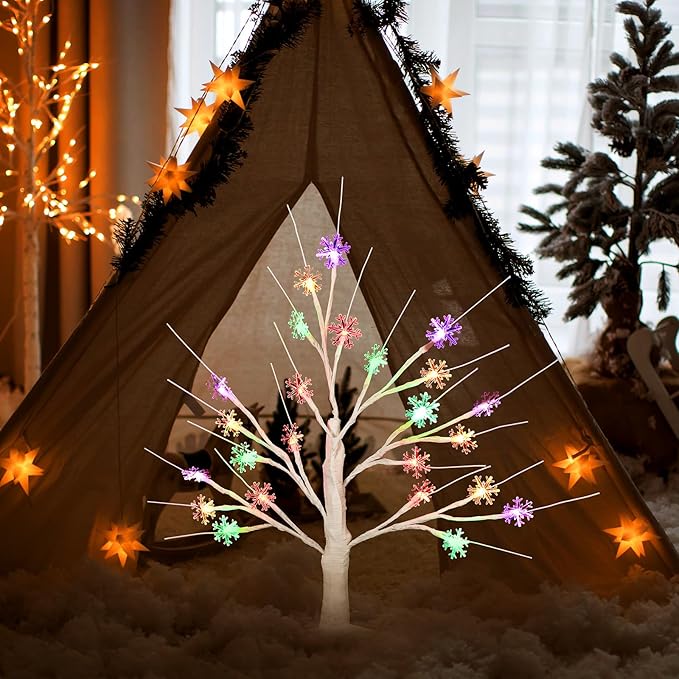 Retisee Multi Colored Snowflake Tree LED Light with 24 LED Snowflake Lights Timer USB Battery Operated Christmas Indoor Outdoor for Home Table Party Decor
