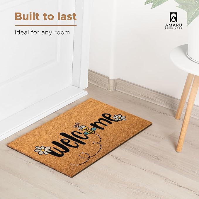 Bee - 17"x29" - Coir Door Mat with Heavy Duty Backing - Welcome Mats for Entryway, Porch - Anti-Slip PVC & Coconut Fiber Surface - Natural Home Accessories, Minimalist Original Design
