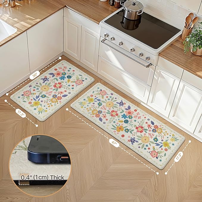 GENIMO Kitchen Mats for Floor 2PCS, Cushioned Kitchen Rugs Non Slip Washable, Farmhouse Anti Fatigue Mat Waterproof, Comfort Standing Mat Rug for Office, Home, Laundry, 17.3"x47"+17.3"x30", SoftWhite