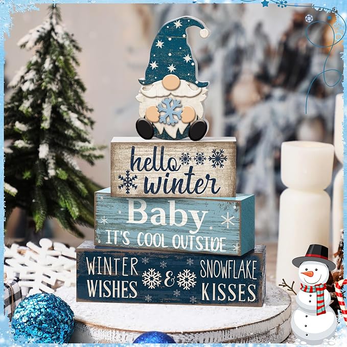 4 Pcs Wooden Winter Table Decorations Christmas Tiered Tray Decor Winter Gnome Decor Christmas Centerpiece for Tables Wooden Decorative Gnome Signs Gifts for Kitchen Office Home