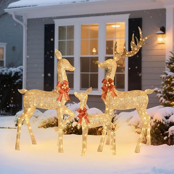 HOYECHI 6.5 FT Oversized Christmas Decorations Outdoor Lighted Reindeer β 3-Piece 3D Deer Family Set with 340 Warm White LED Lights for Yard, Lawn, Garden & Porch Holiday Display - Gold