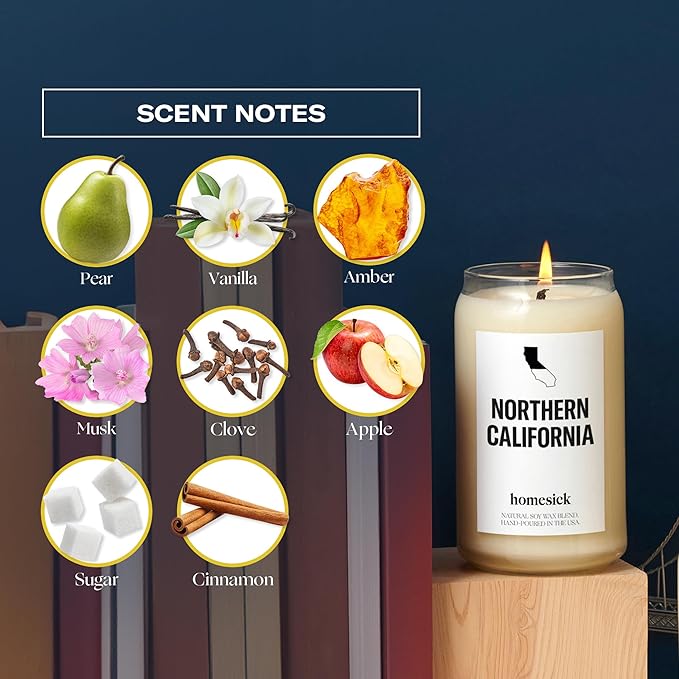 Homesick Scented Candles for Home (California Norcal) - 13.75 oz Long-Lasting Soy Wax Jar Candle for Women & Men for All Occasions, 60-80 Hours Burn Time - Notes of Pear, Vanilla & Amber