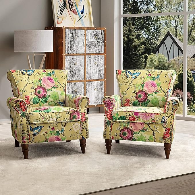 HULALA HOME Modern Wingback Accent Chairs Set of 2 with Wood Legs & Removable Cushion, Comfy Upholstered Armchairs with Nailhead Trim, Floral Pattern Sofa Chairs for Bedroom Living Room, Mustard