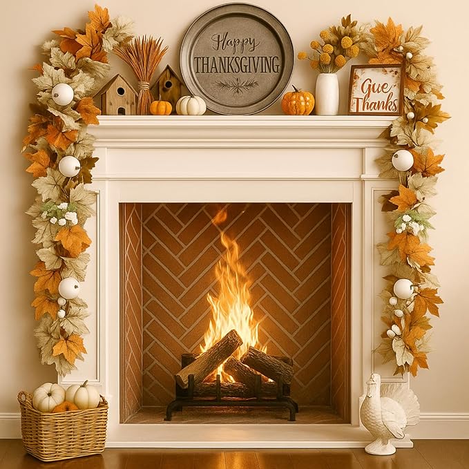 4 Pcs Fall Garland Fall Decor 9ft Autumn Maple Leaves Pumpkin Berry Garland Thanksgiving Halloween Mantle Fireplace Farmhouse Harvest Decorations for Home Mantle Fireplace Porch Table