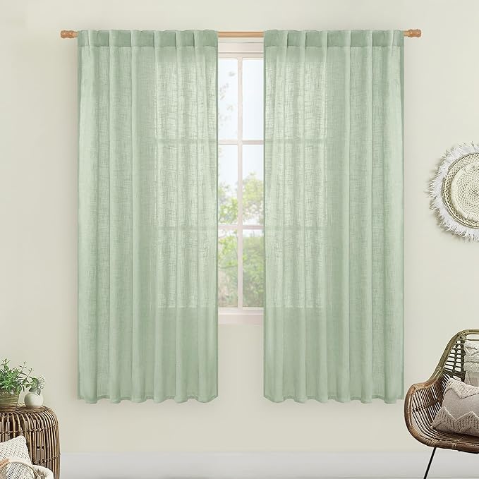LAMIT Fresh Green Linen Boho Curtains 68 inch Length 2 Panels, Light Filtering Semi Sheer Panels Back Tab and Rod Pocket Neutral Drapes for Bedroom/Living Room, 52 x 68 Inch