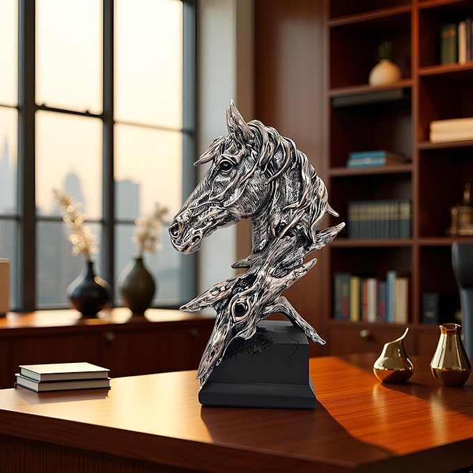 16" Animal Horses Head Bust Table Sculpture Retro Resin Home Decor Statue for Bedroom,Living Room,Dining Desk,Bookshelf,Office,Study and Coffee Tables(Black)