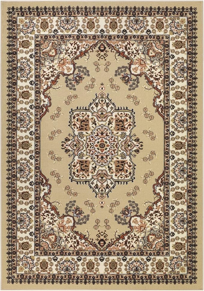 Antep Rugs Alfombras Oriental Traditional 5x7 Non-Skid (Non-Slip) Low Profile Pile Rubber Backing Indoor Area Rugs (Beige, 5' x 7')