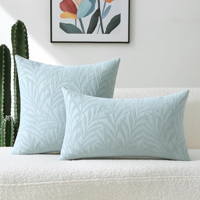 FUTEI Baby Blue Decorative Throw Pillow Covers 26x26 Inch Set of 2,Soft Chenille Phoenix Tail Leaf Textured Euro Pillow Shams,Modern Home Decor for Couch Bed Living Room
