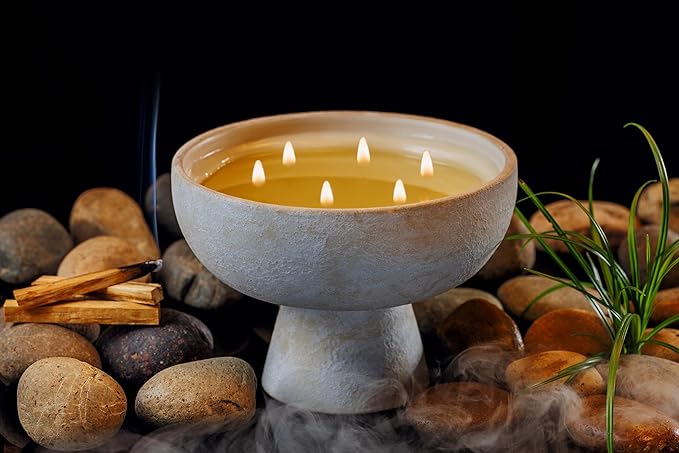 BLUEME Palo Santo & Vetiver, Luxury Candle w/Essential Oils, 6 Wick, Hand-Poured Soy, Cotton Wick, Ceramic