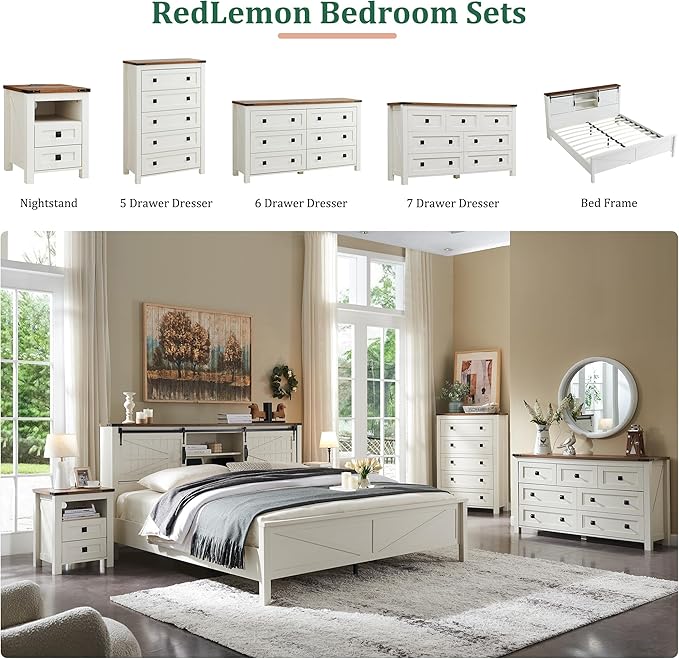 RedLemon Farmhouse Nightstand with Charging Station, Rustic 18 Inch End Table with 2 Storage Drawers and Open Shelf, Wood Sofa Side Table for Bedroom, Living Room (Antique White)