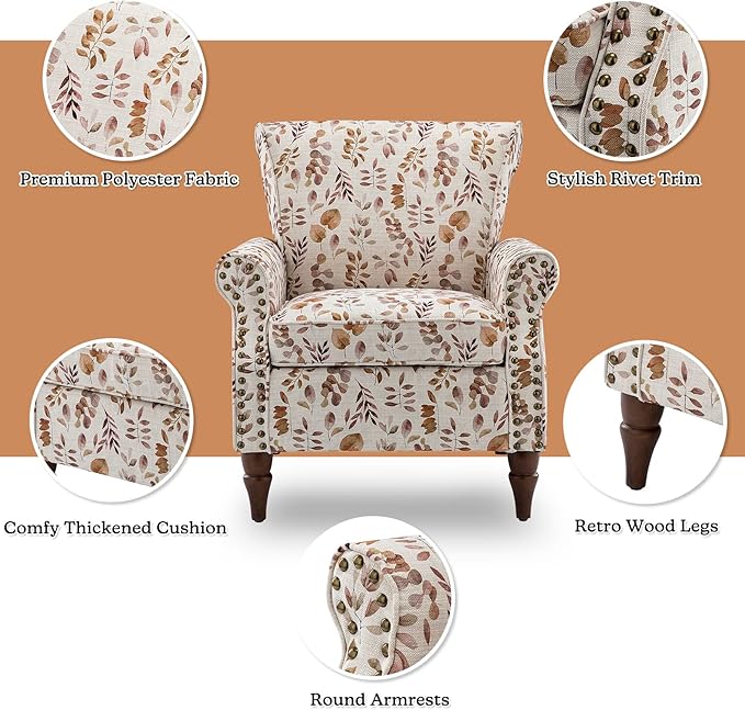 HULALA HOME Modern Wingback Accent Chair with Wood Legs & Removable Cushion, Comfy Upholstered Armchair with Nailhead Trim, Floral Pattern Single Sofa Chair for Living Room Bedroom, Yellow