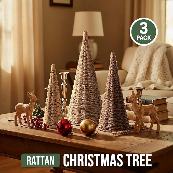 3pcs Natural Woven Christmas Trees Decor, Artificial Christmas Tree Decorations for Home Party Table Village Craft Indoor Outdoor Vintage Christmas Decor(Khaki+Dark Khaki+Natural)