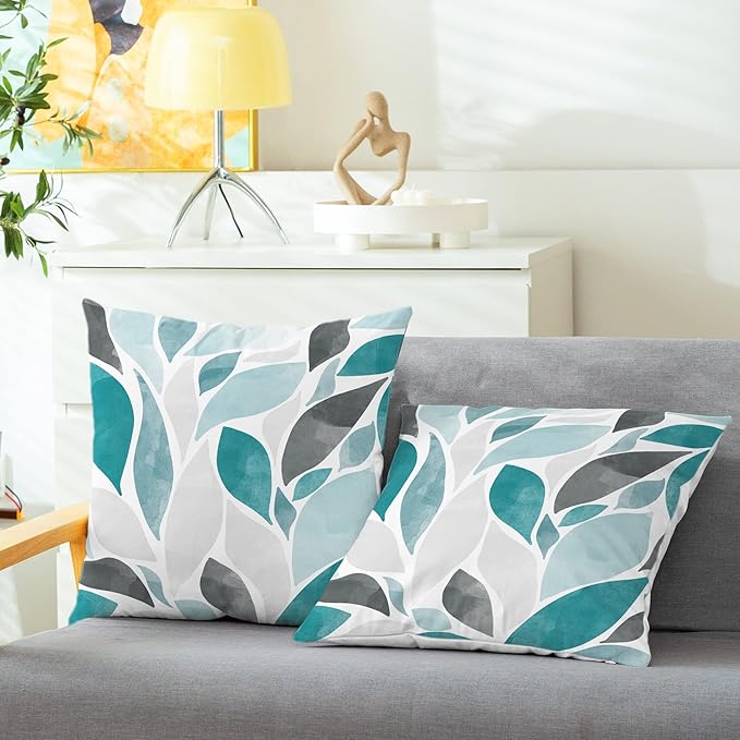 CaliTime Throw Pillow Cases Pack of 2 Cozy Fleece Falling Dahlia Floral Flowers Petals Decorative Cushion Covers for Couch Bed Sofa Farmhouse Decoration 18 X 18 Inches Teal Green Grey