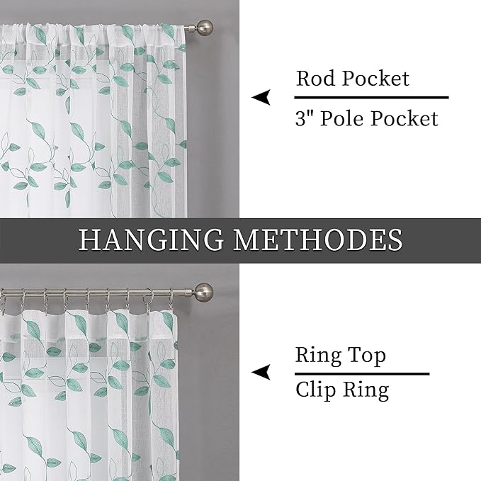 Tollpiz Teal Blue Leaf Sheer Tier Curtains Leaves Embroidered Kitchen Short Curtain Rod Pocket Voile Bathroom Curtains for Cafe, 30 x 24 inches Long, Set of 2 Panels