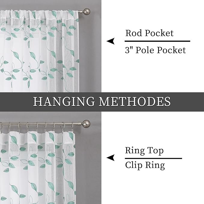 Tollpiz Teal Blue Leaf Sheer Curtain Leaves Embroidered Bedroom Curtains Rod Pocket Voile Window Treatment for Living Room, 54 x 95 inches Long, Set of 2 Panels