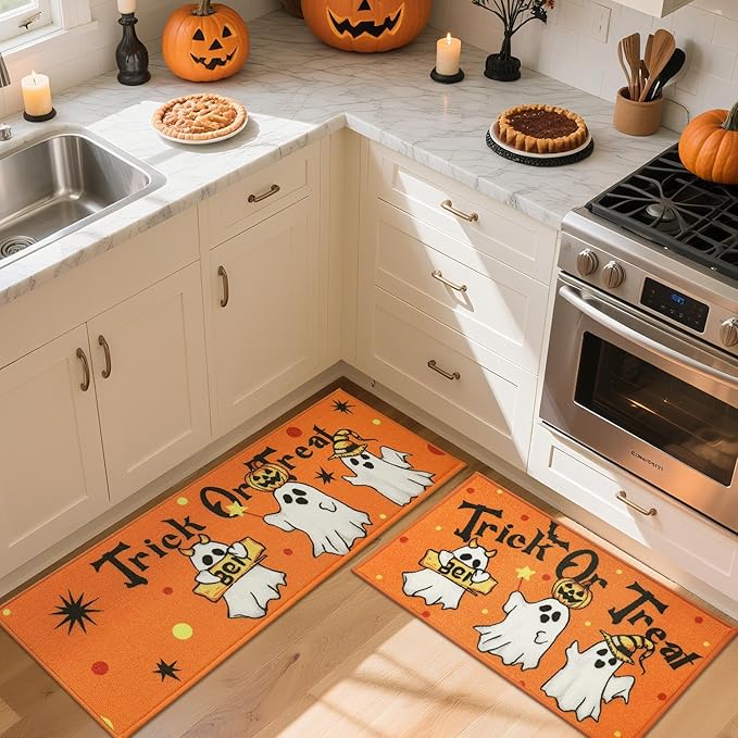 JSEI Halloween Holiday Kitchen Mats for Floor, Non-Slip Ghost and Pumpkins Decorative Kitchen Rugs Set of 2, Home Decor Low-Profile Kitchen Runner Rug Washable, 17"x30"+17"x48", Flying Ghosts Pattern
