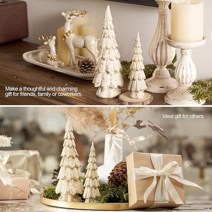 Christmas Tree Figurines, Wood Effect Accented with Gold, Tabletop Xmas Trees Set of 2, Small Decorative Resin Christmas Trees, Christmas Decorations Indoor, Winer Mantle Decor for Table Centerpieces