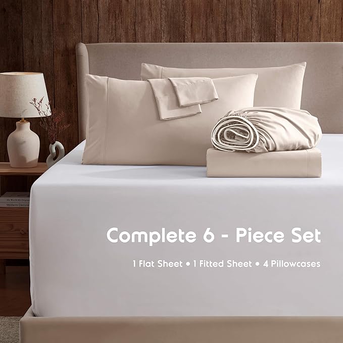 Nestl Extra Deep Cal King Sheet Set - 6 Piece Breathable & Cooling Sheets - Hotel Luxury Bedding Set w/18-24 Inch Deep Pockets - Easy & Secure Fit - Super Soft, Wrinkle Free & Comfy - Beige Cream