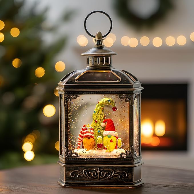 Musical Snow Globe Lantern Lighted Christmas Gnomes Santa Elf Snow Water Lantern with Swirling Glittering Home Decoration and Gift, Battery Operated or USB Powered