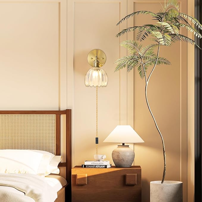 Plug in Wall Sconce, Vintage Sconce Light with Tulip Transparent Glass Lampshade, 180° Adjustable Wall Sconce with Switch and Plug in Wall Lamp Cord, Gold Wall Light for Bedroom Bedside