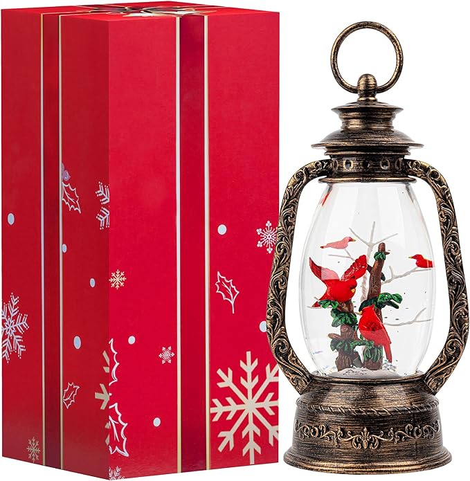 Christmas Snow Globe Lantern Water Glittering 12'' Cardinal with Music, USB Lined/Battery Operated Lighted Lantern for Christmas Festival Decoration Gifts