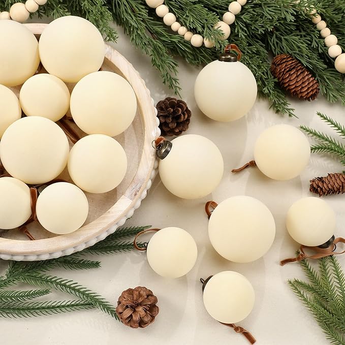 36 Pcs Velvet Christmas Balls Bulk - Flocked Christmas Tree Ball Ornaments Hanging Decoration for Xmas Tree, Wreath, Home or Party Decorations, 2.36", 2.76", 3.15"(Cream White)