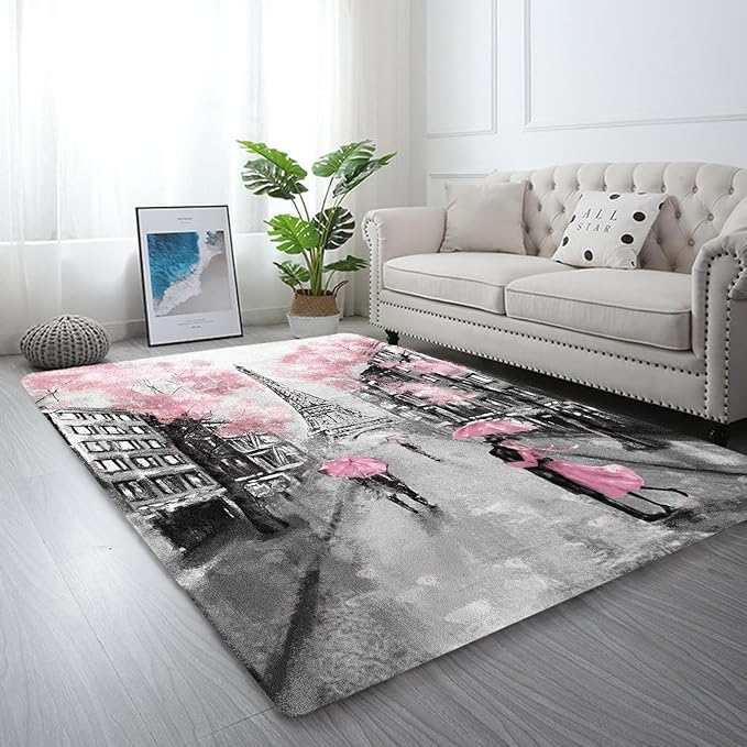 kxry 3 * 5 Feet Pink Paris Eiffel Tower Soft Area Rugs for Kids Girls Women French Style Couple Lover Flower Floor Carpet for Living Room Bedroom Dorms Nursery Rooms Home Decor Aesthetic