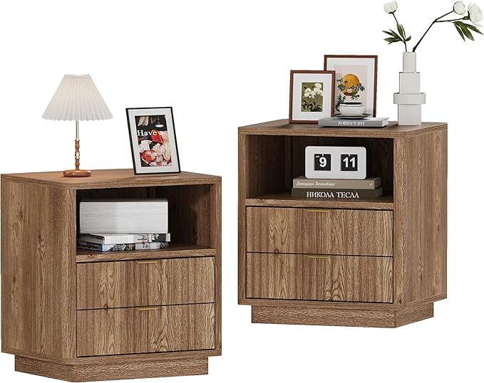 Fluted Nightstands Set of 2 - Walnult Nightstand with 2 Drawers & Open Shelves, 22" Wide Large Bedside Stand Modern Storage Wooden Side Tables for Bedroom (Natural Oak)