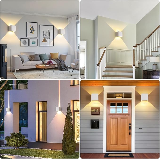 White Wall Sconces Set of Two,3 Color Temperatures Hardwired Up and Down Outdoor Lights,15W Indoor Wall Sconce,4.33 Inch Exterior/Interior Wall Lights for Living Room Bedroom Hallway Porch Yard 2 Pack