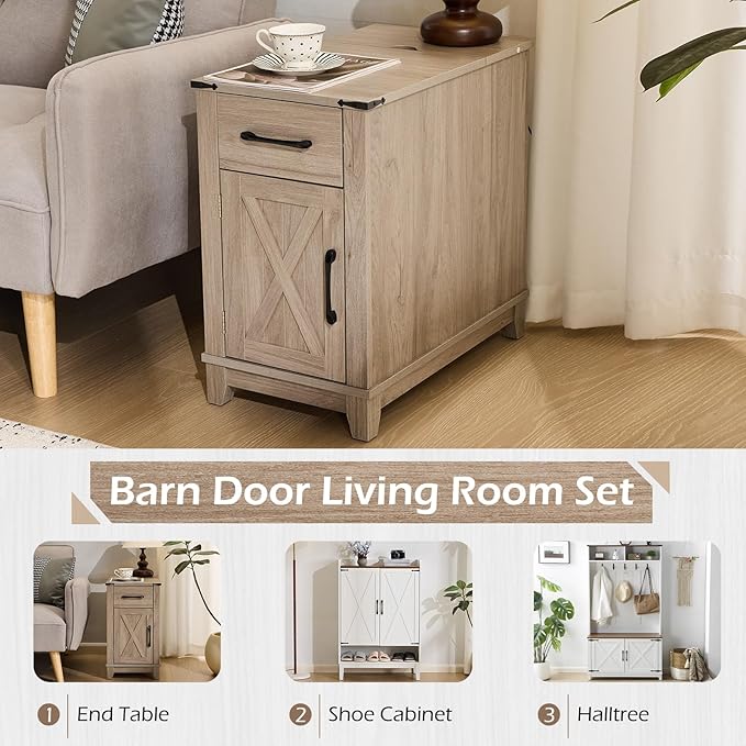 EROMMY Farmhouse End Table with Charging Station, Narrow Side Table for Living Room, Nightstand with Drawer and Storage Cabinet, Adjustable Shelf, Gray