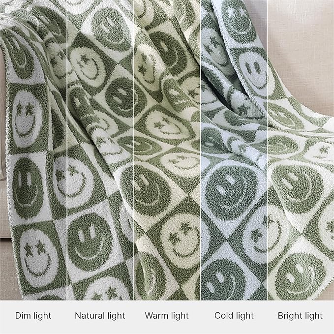 WRENSONGE Checkered Throw Blanket Seagrass Smiling Face Soft Cozy Fluffy Warm Hand Made Throw Blankets for Couch, Sofa, Chair, Bed, Camping, Picnic, Travel Lightweight Bed Blanket - 50"*60"