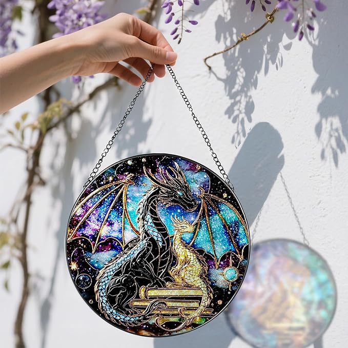 Stained Glass Window Hanging, 8 Inch Dragon Stained Glass Suncatcher, Sun Catchers Indoor Window, Suncatchers for Windows Hanging, Book Lover Christmas Ornament, Perfect for Bookworms