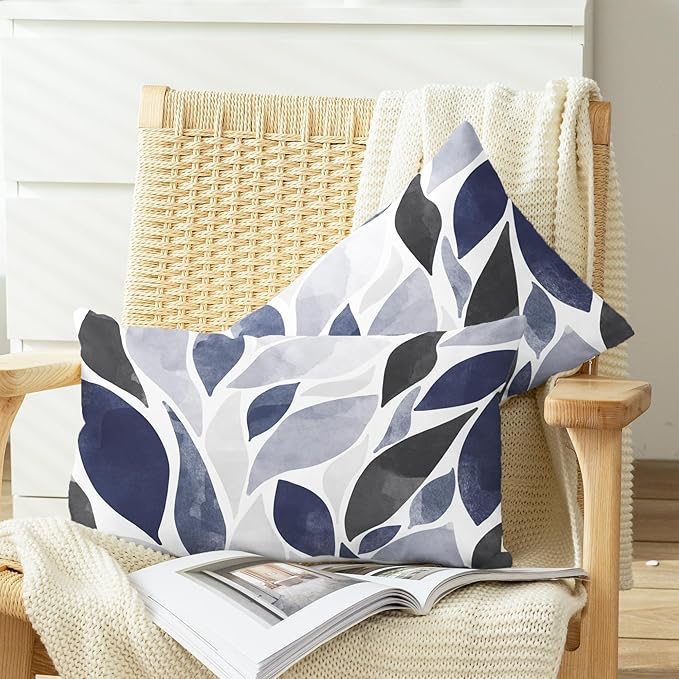 CaliTime Throw Pillow Cases Pack of 2 Cozy Fleece Falling Dahlia Floral Flowers Petals Decorative Cushion Covers for Couch Bed Sofa Farmhouse Decoration 12 X 20 Inches Navy Blue Grey