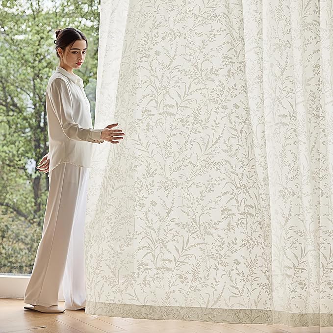 Anmao Beige Semi Sheer Light Filtering Curtains 96 Inches Long 2 Panels, Leaf Pattern Drapes for Living Room Bedroom, Rod Pocket Privacy Window Treatments with Floral Design, 52x96 Inch