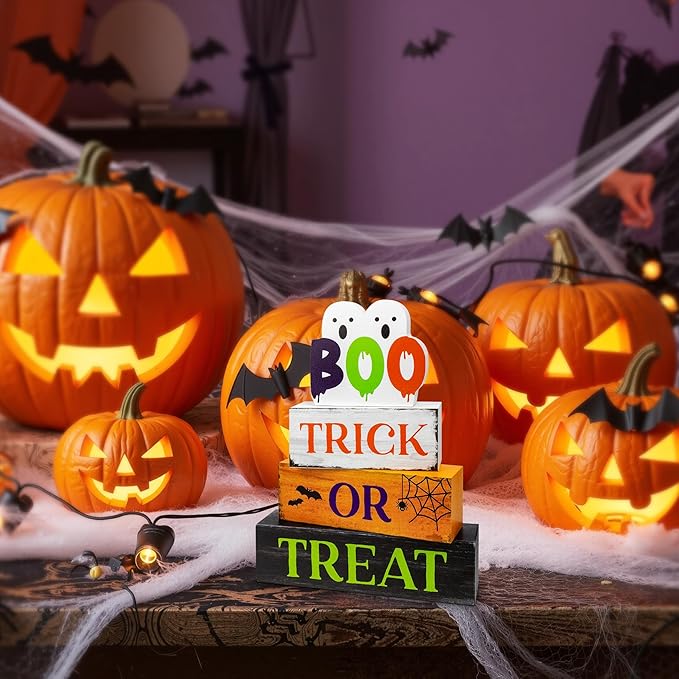 4 Pcs Halloween Wooden Tiered Tray Decor, Trick or Treat Decorations Gifts for Home, Halloween Table Centerpiece for Fall Party Kitchen