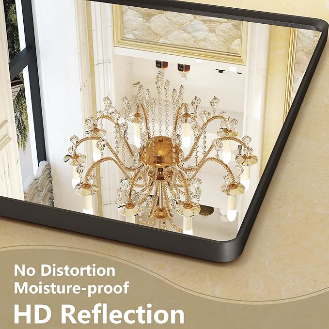 OKPAL 24X32 Inch Black Metal Framed Bathroom Mirror for Wall, Rounded Rectangle Matte Black Vanity Mirror for Bedroom with Beveled Border, Anti-Rust, Shatterproof (Horizontal/Vertical)